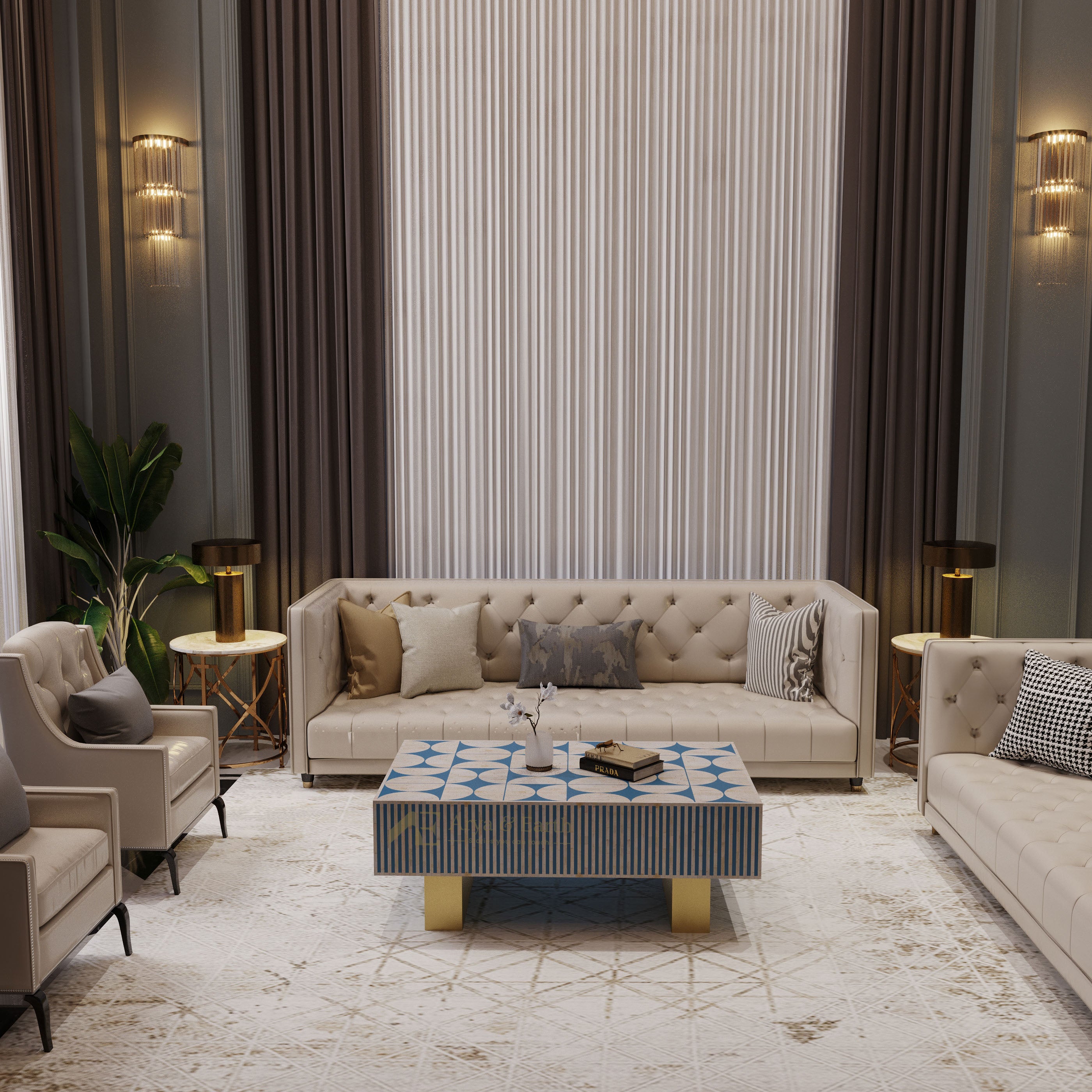 Modern living room with beige sofa, armchairs, and a bone inlay coffee table with decorative items.