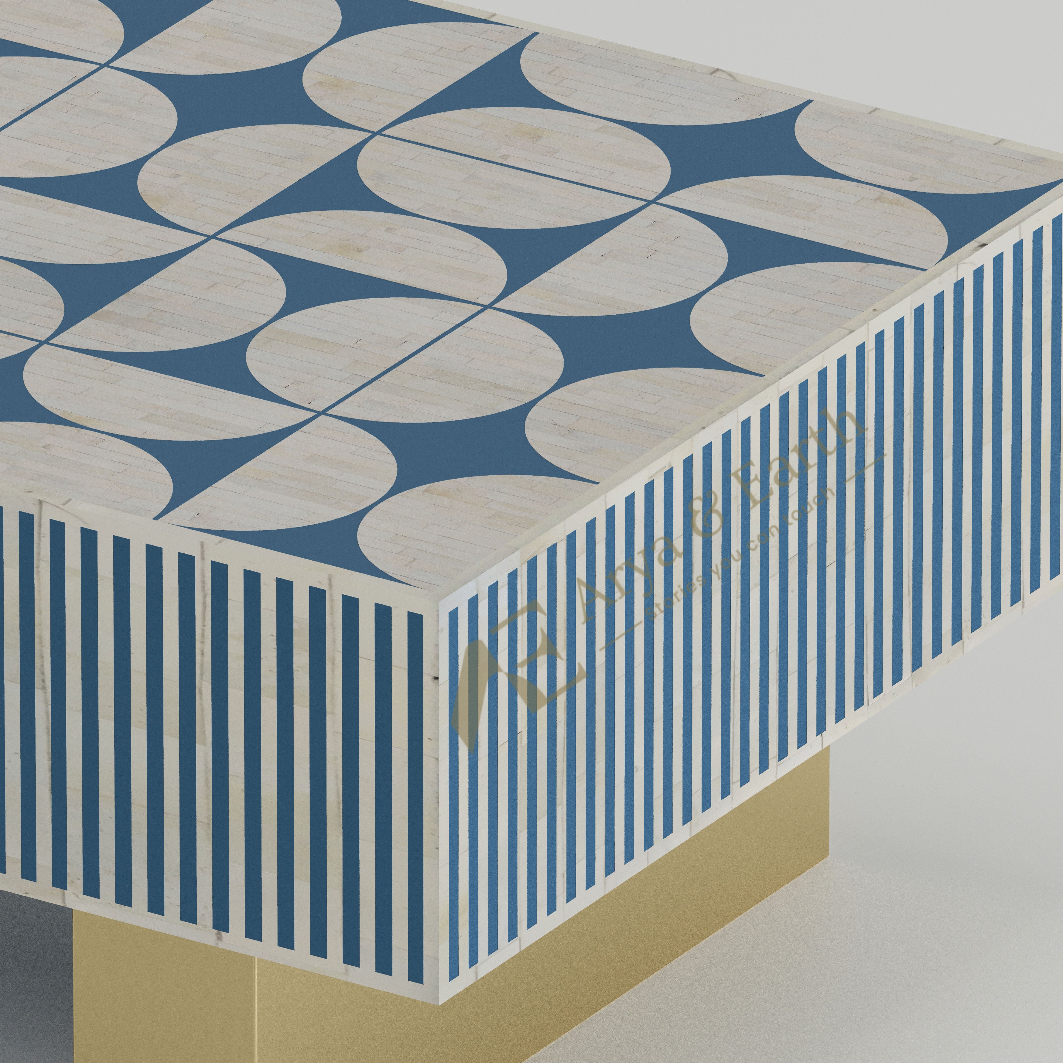 Closeup of Blue and white geometric bone inlay coffee table.