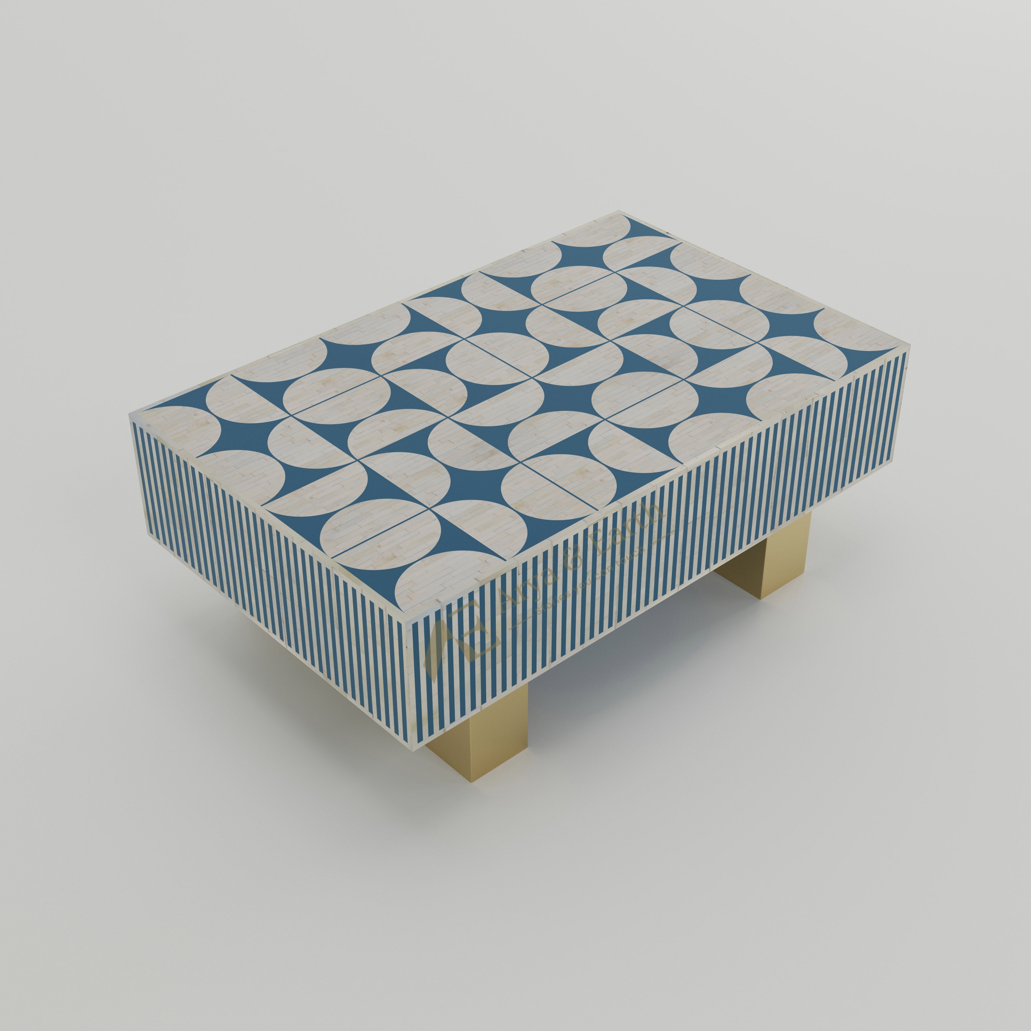 Geometric bone inlay centre table with blue and white pattern
