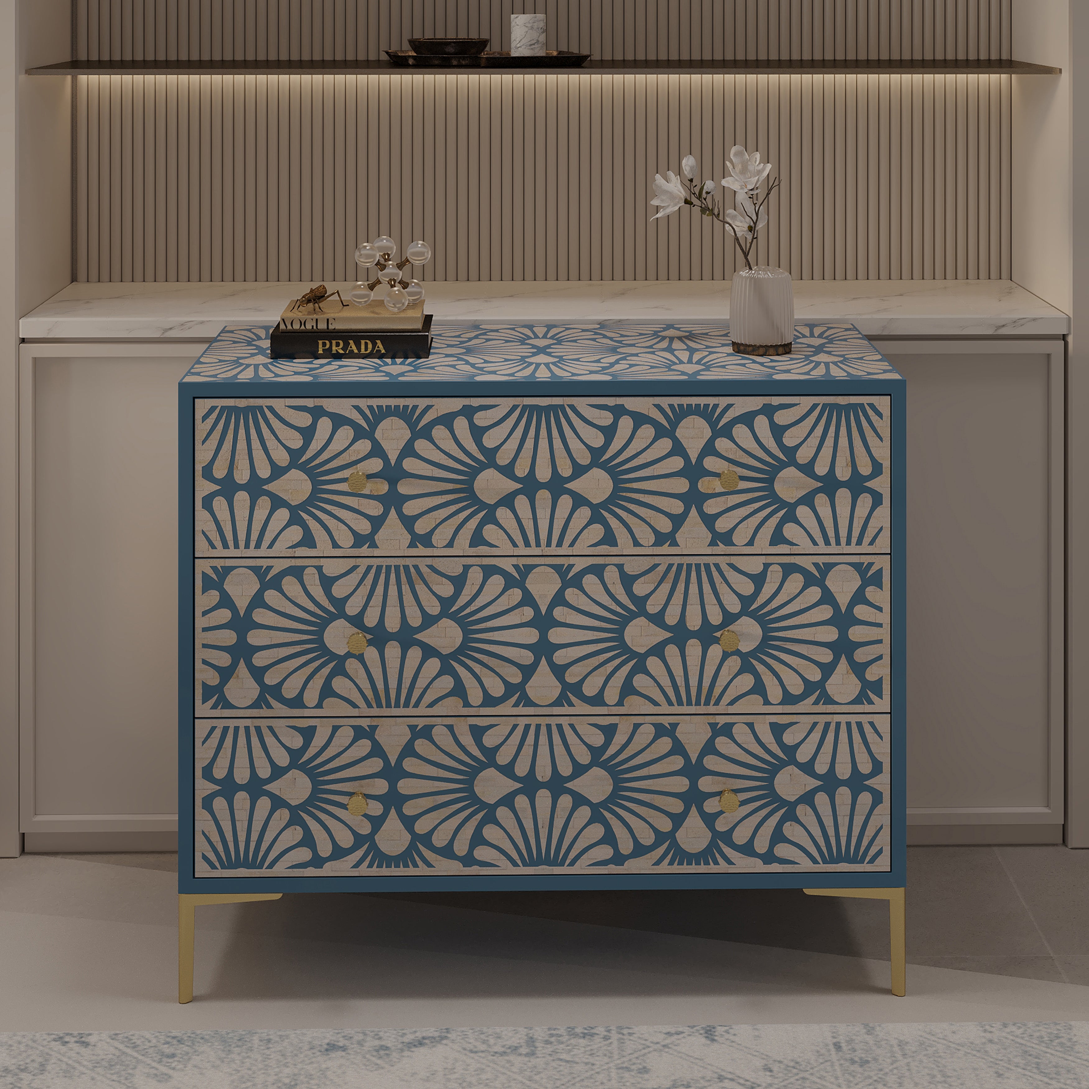 Floral bone inlay design on chest of drawers  in a room setting