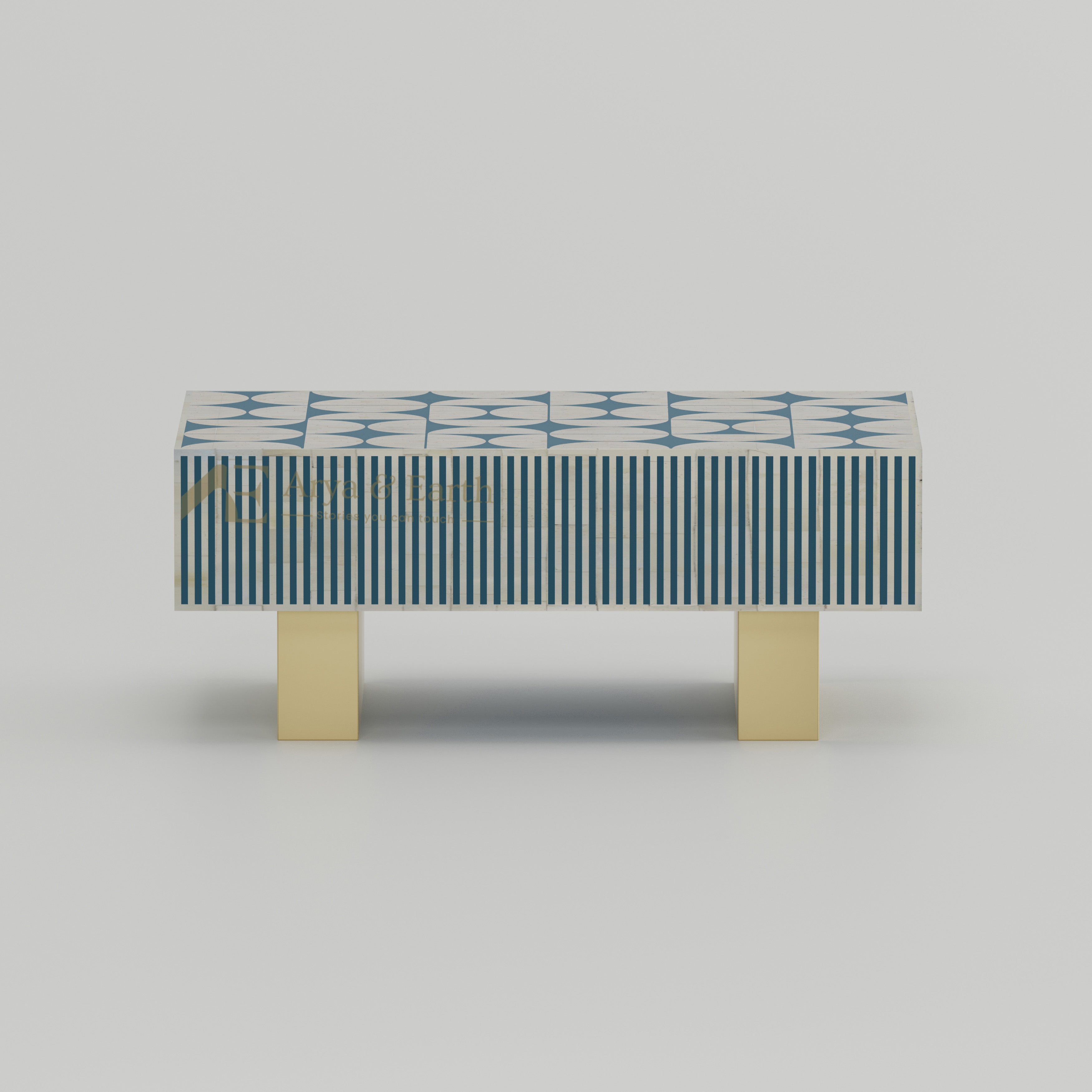 Coffee table with blue and white geometric pattern.
