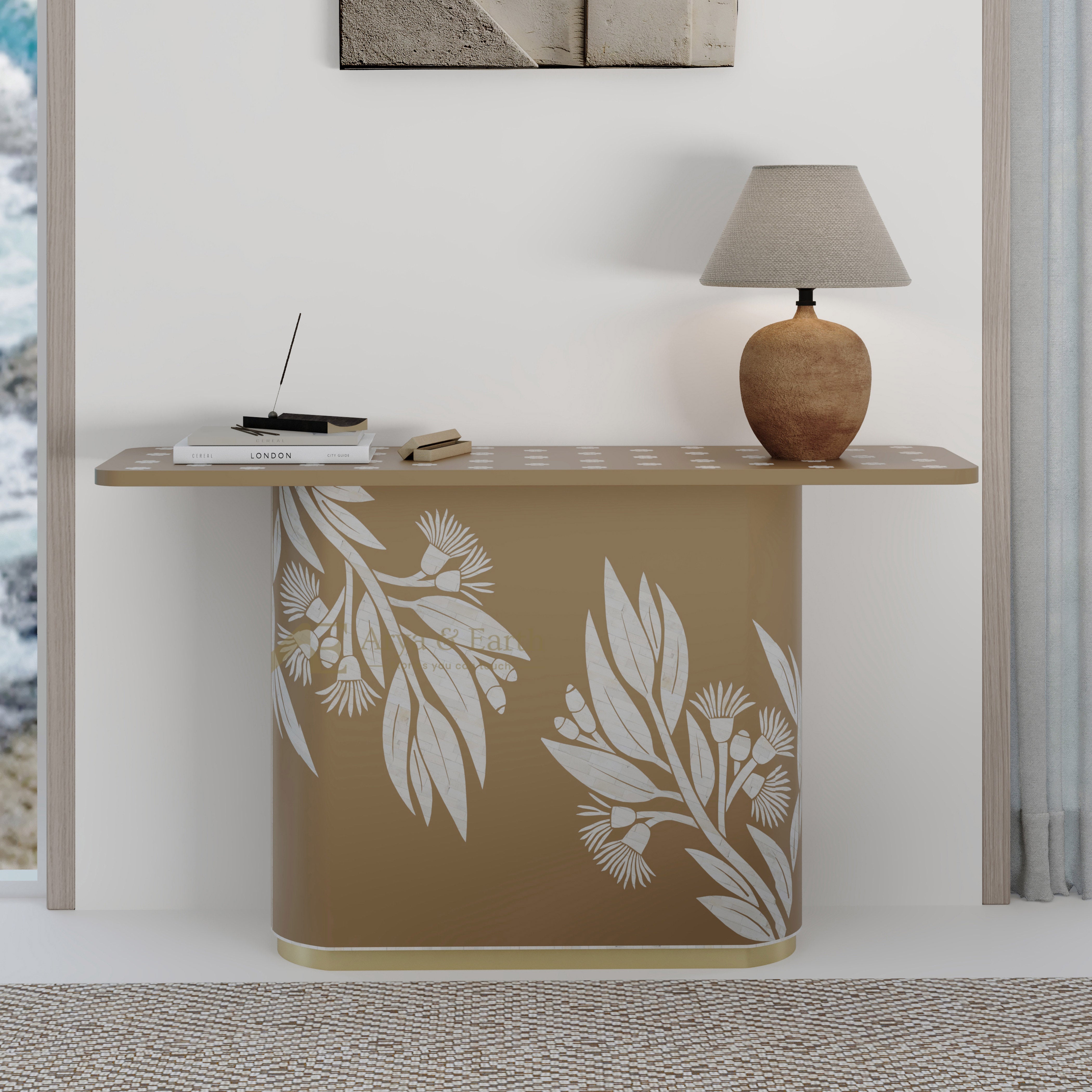 beige  console table with floral patterns and a lamp in a room setting.