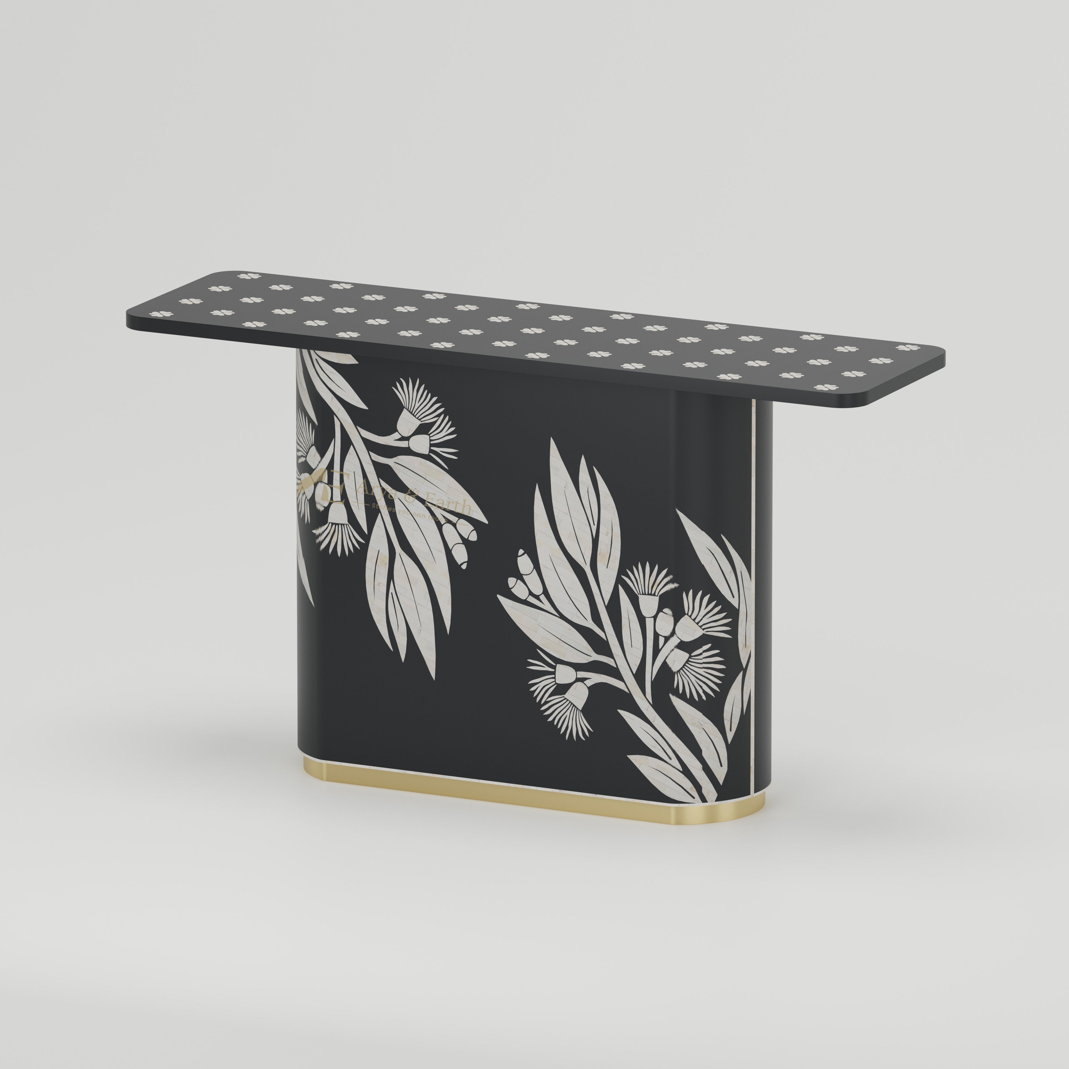 Bone Inlay Black console table side view with botanical design