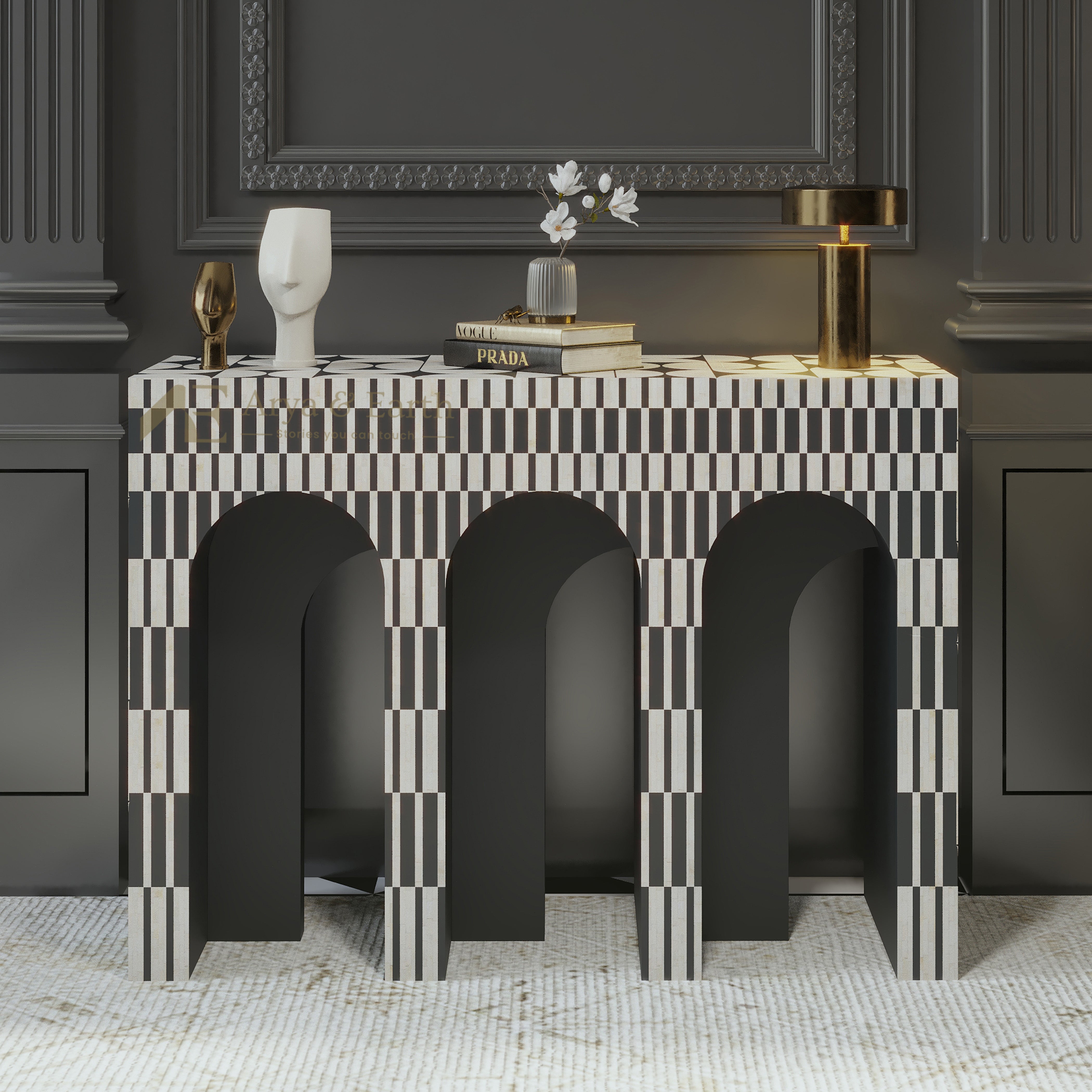 Bone inlay console table with black and white checkered pattern against a dark wall.