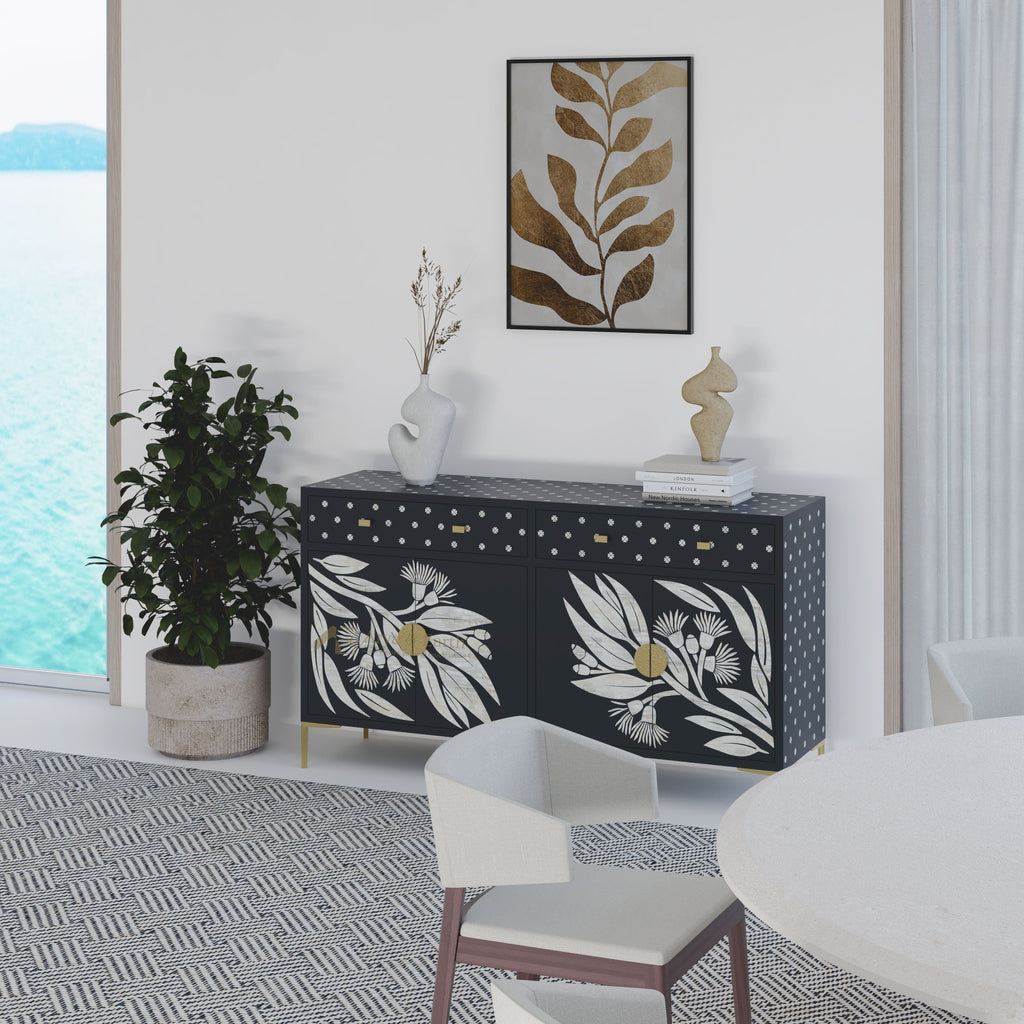 botanical pattern black cabinet in a modern living room.