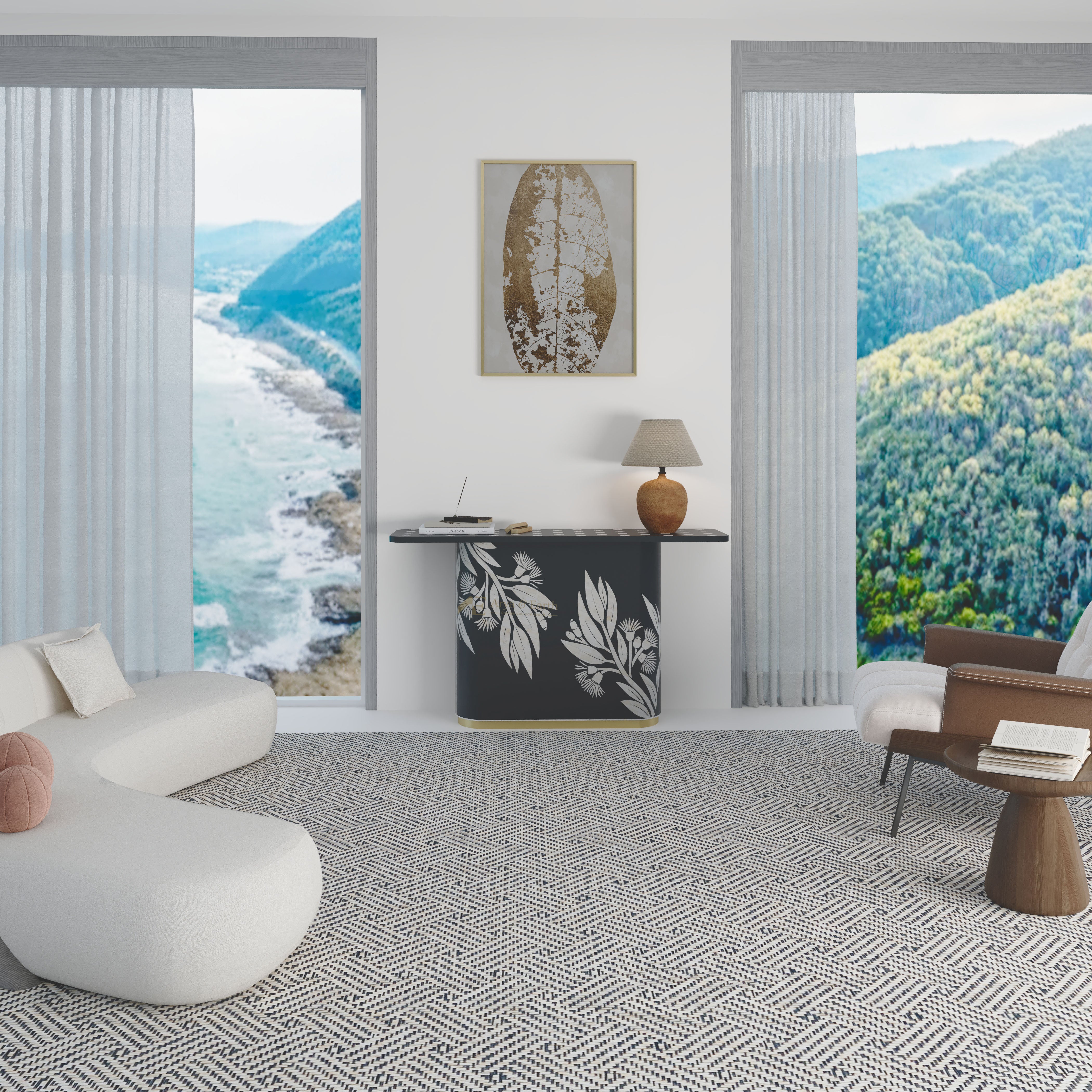 Modern living room with a scenic view of mountains and ocean through large windows with black console