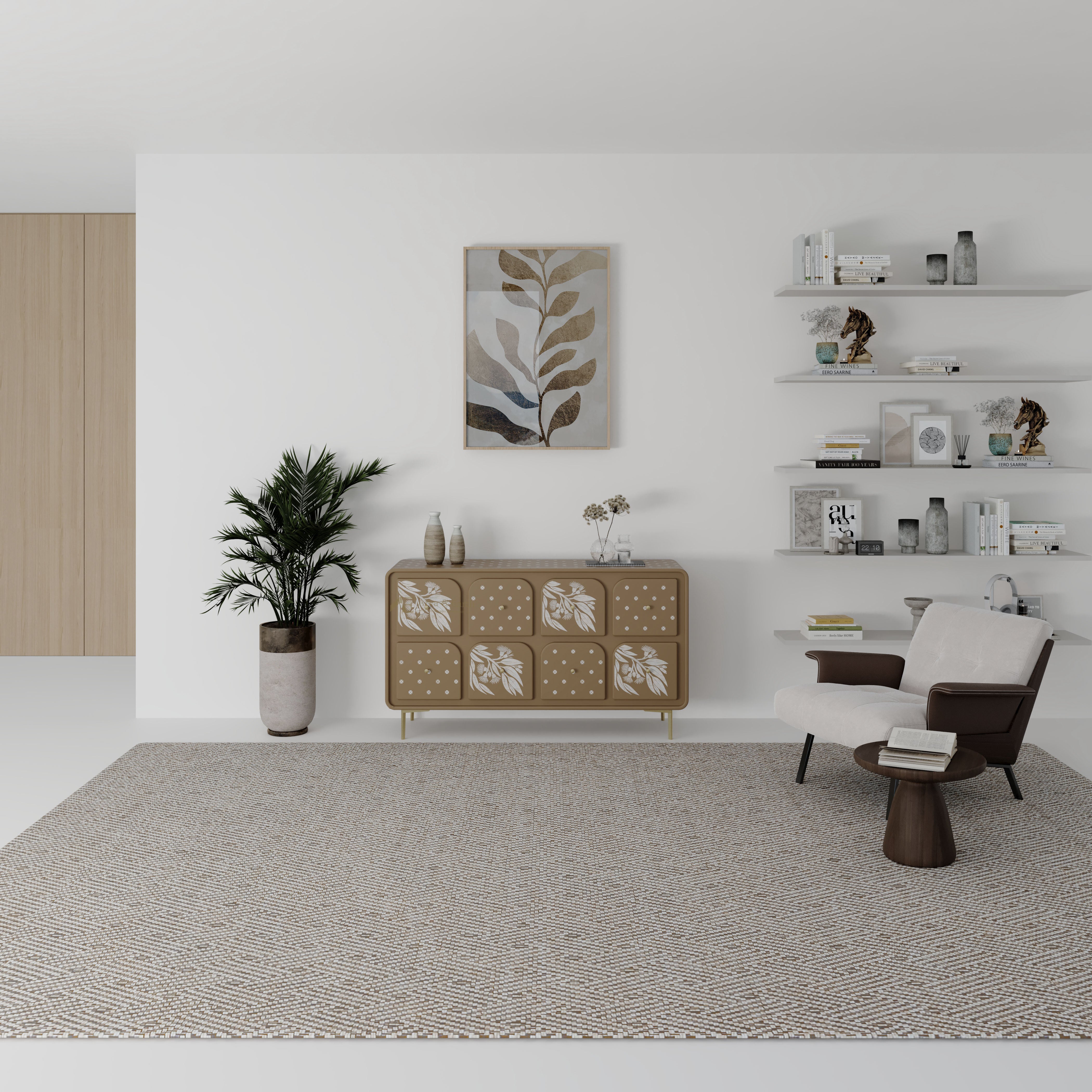 Modern living room with a beige bone inlay sideboard, chair, and shelves.