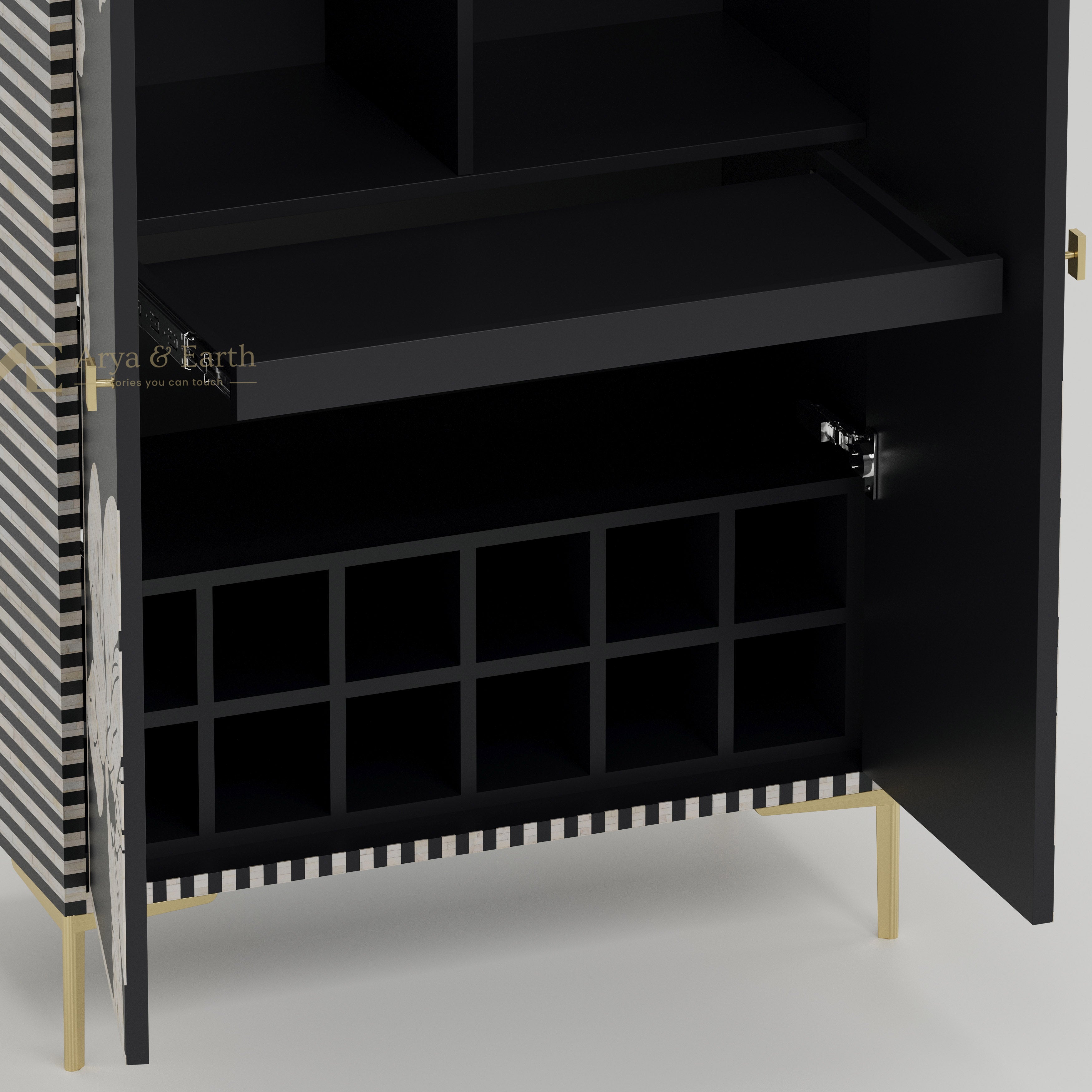 extendable shelf and wine bottle holder inside bar cabinet