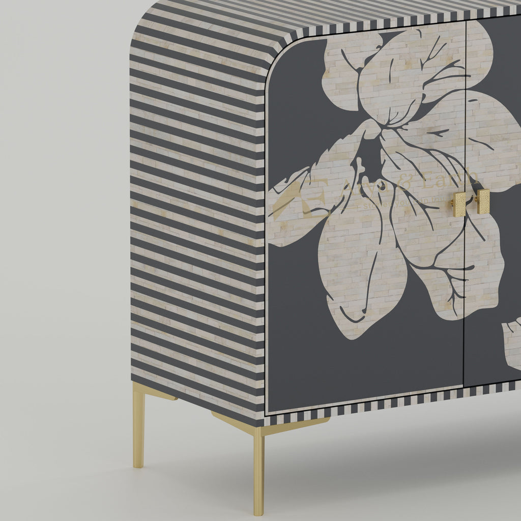 Closeup of Bone inlay texture on a grey cabinet with stripe design