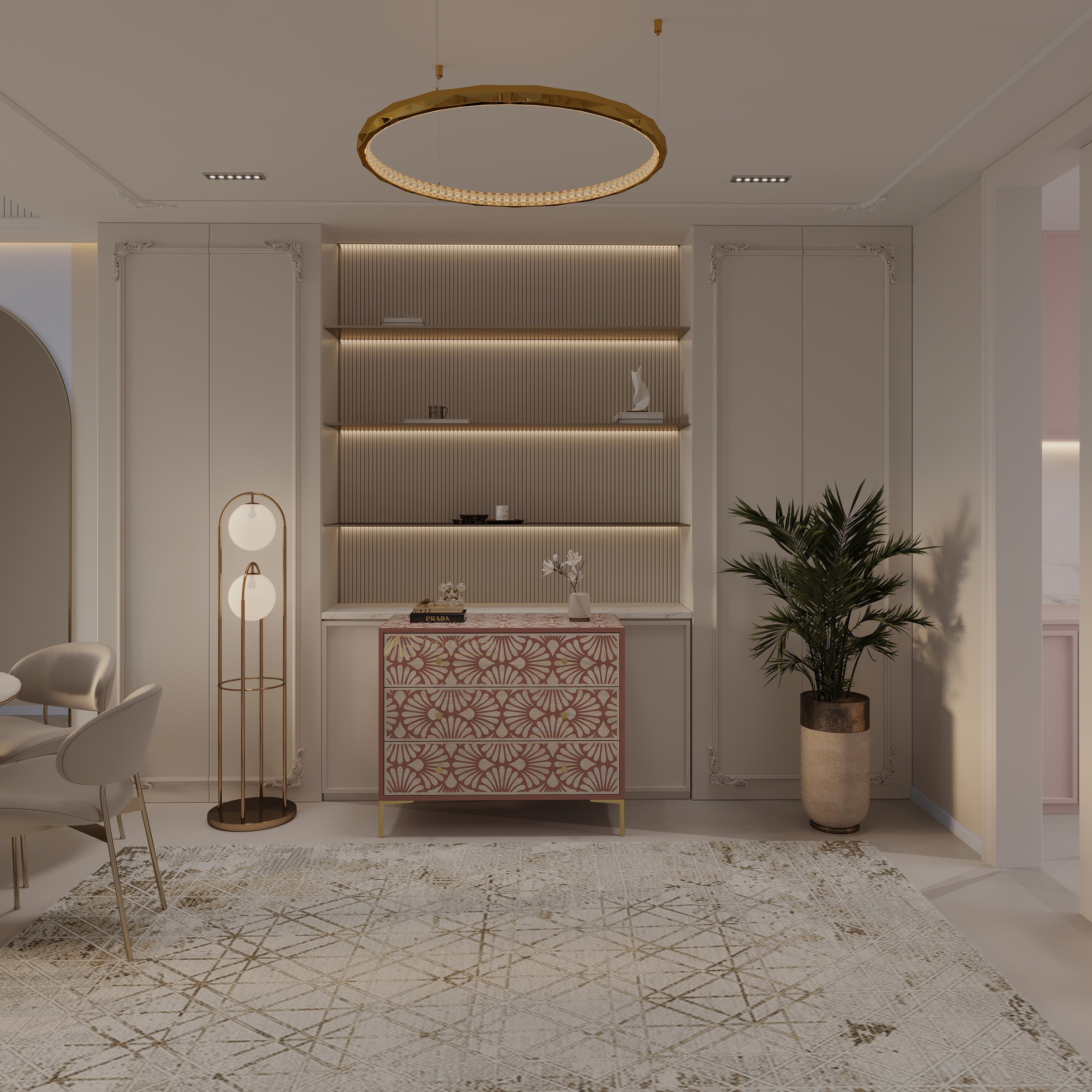 Modern interior design with a bone inlay dresser, shelves, and a plant.