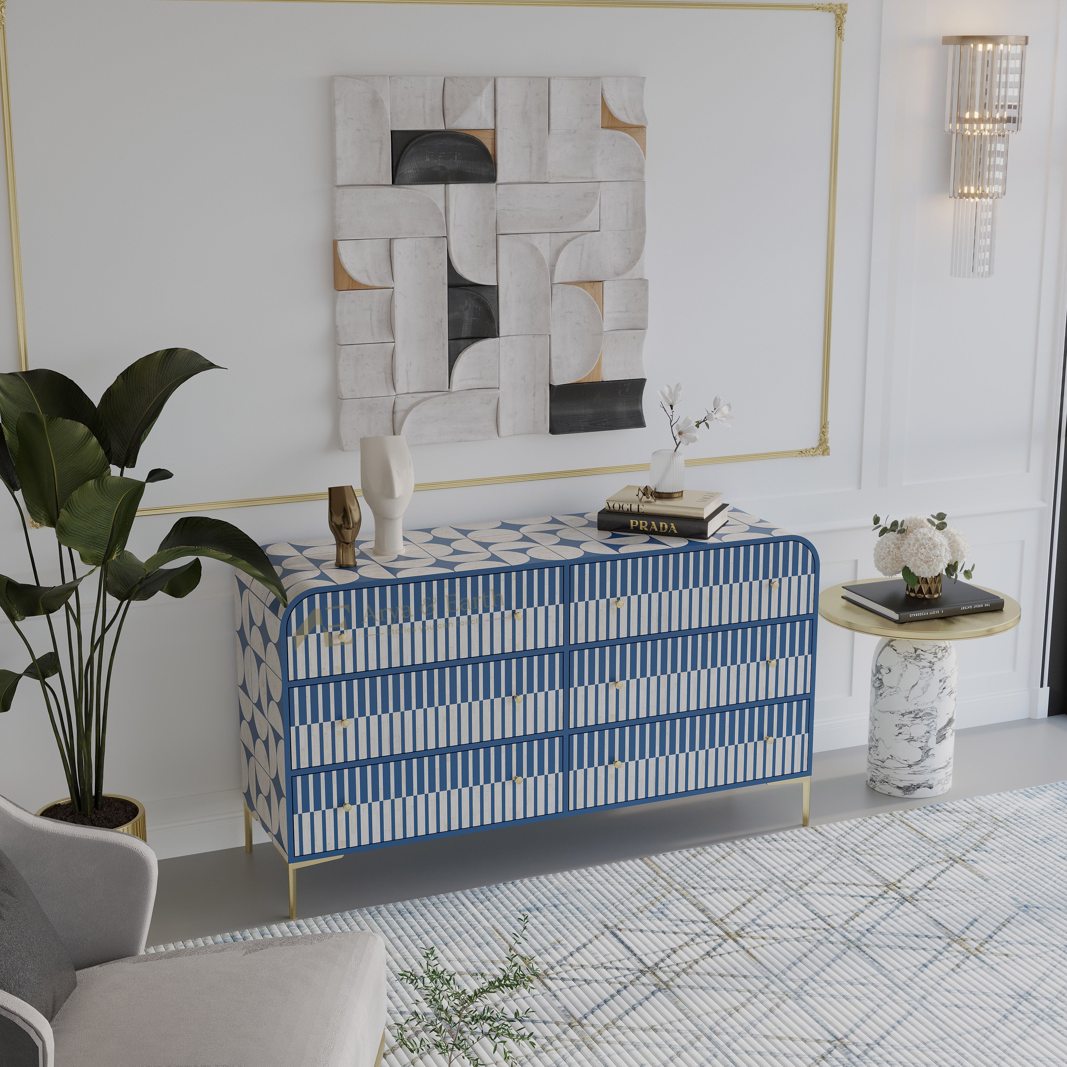 Modern interior with a blue and white patterned dresser, abstract art, and decorative items.