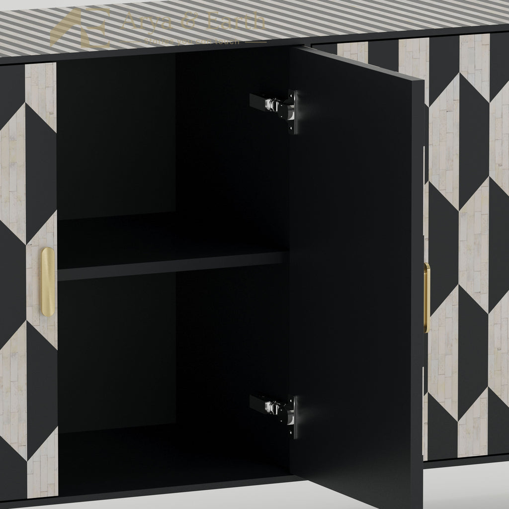 internal shelf of a black and white cabinet
