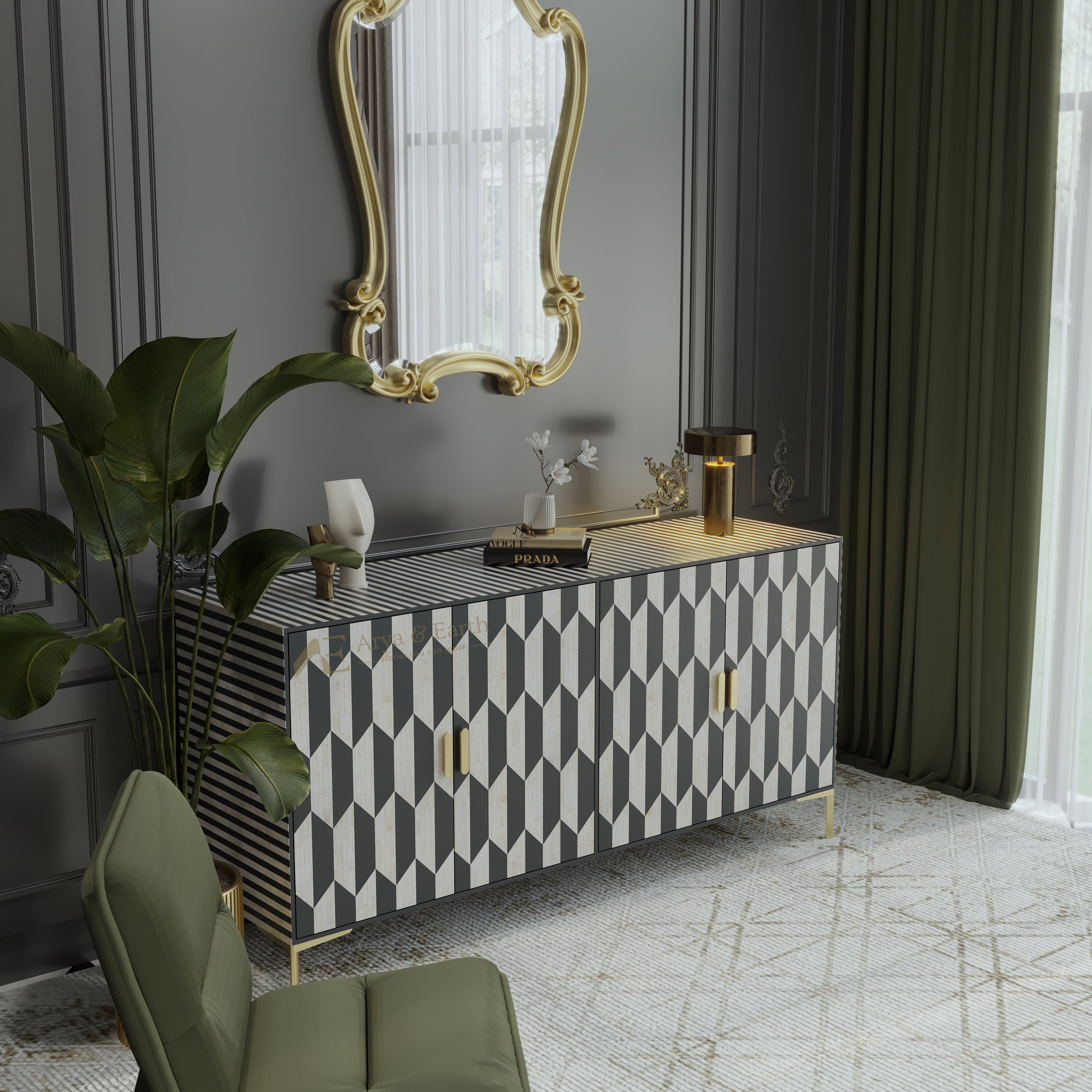 Bone inlay sideboard with geometric pattern in a stylish room with a mirror and plant.