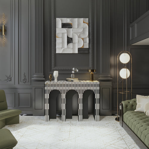 art deco style Modern living room with dark walls, an arched console table, and decorative elements.