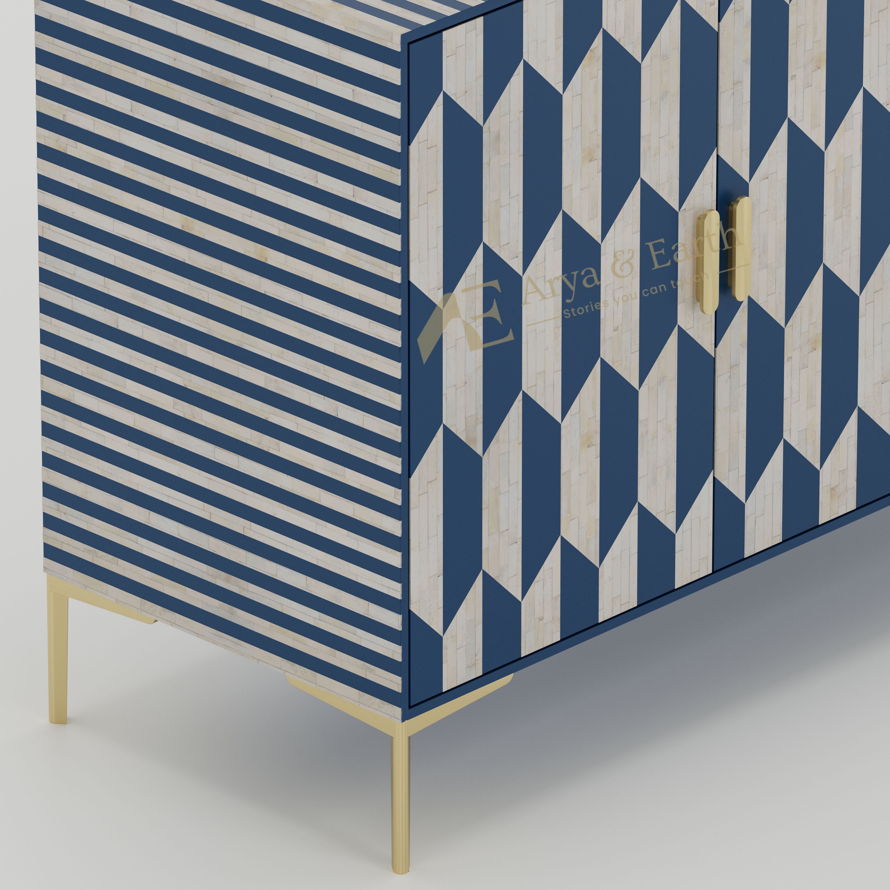 closeup of bone inlay geometric cabinet with gold accents