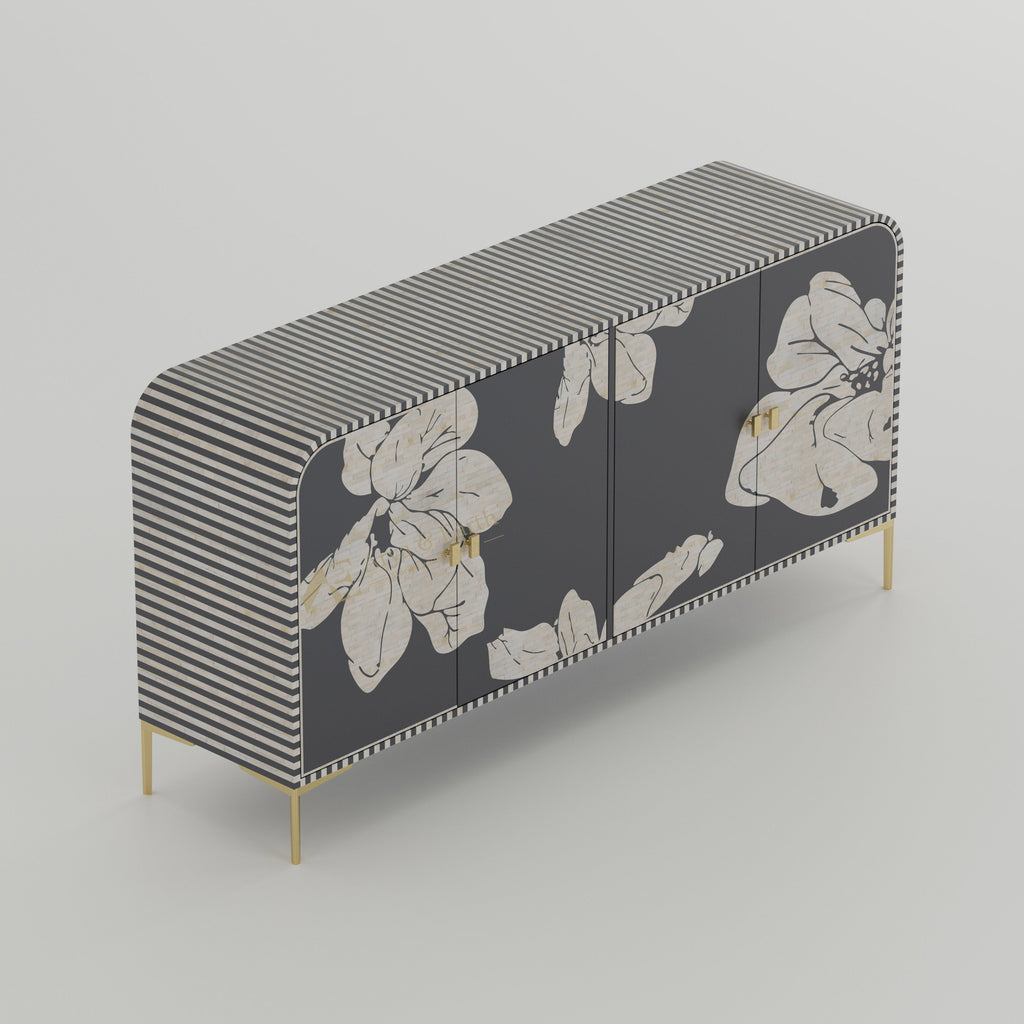 Bone inlay handmade grey Cabinet with floral and stripe design, gold accents