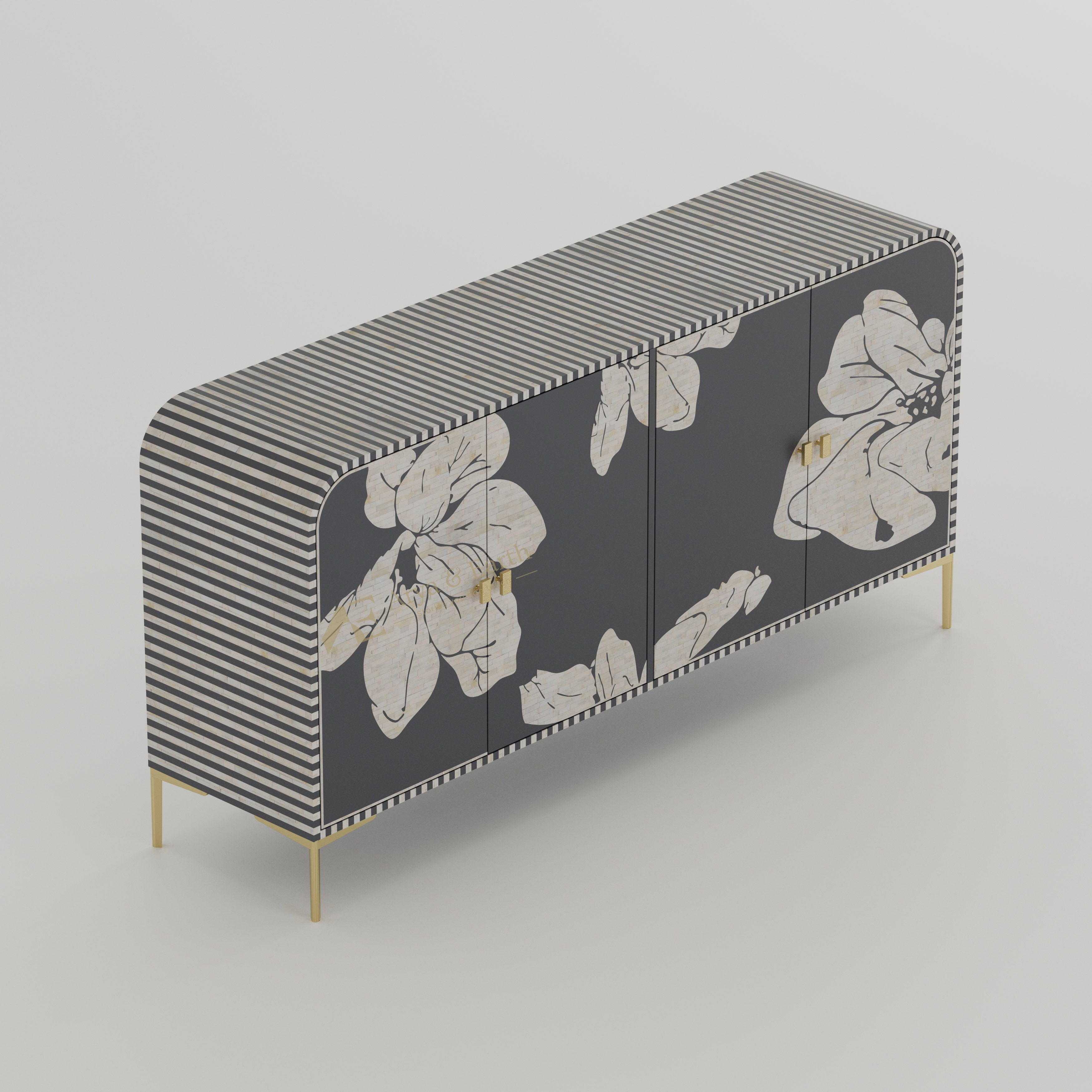 Bone inlay handmade grey Cabinet with floral and stripe design, gold accents