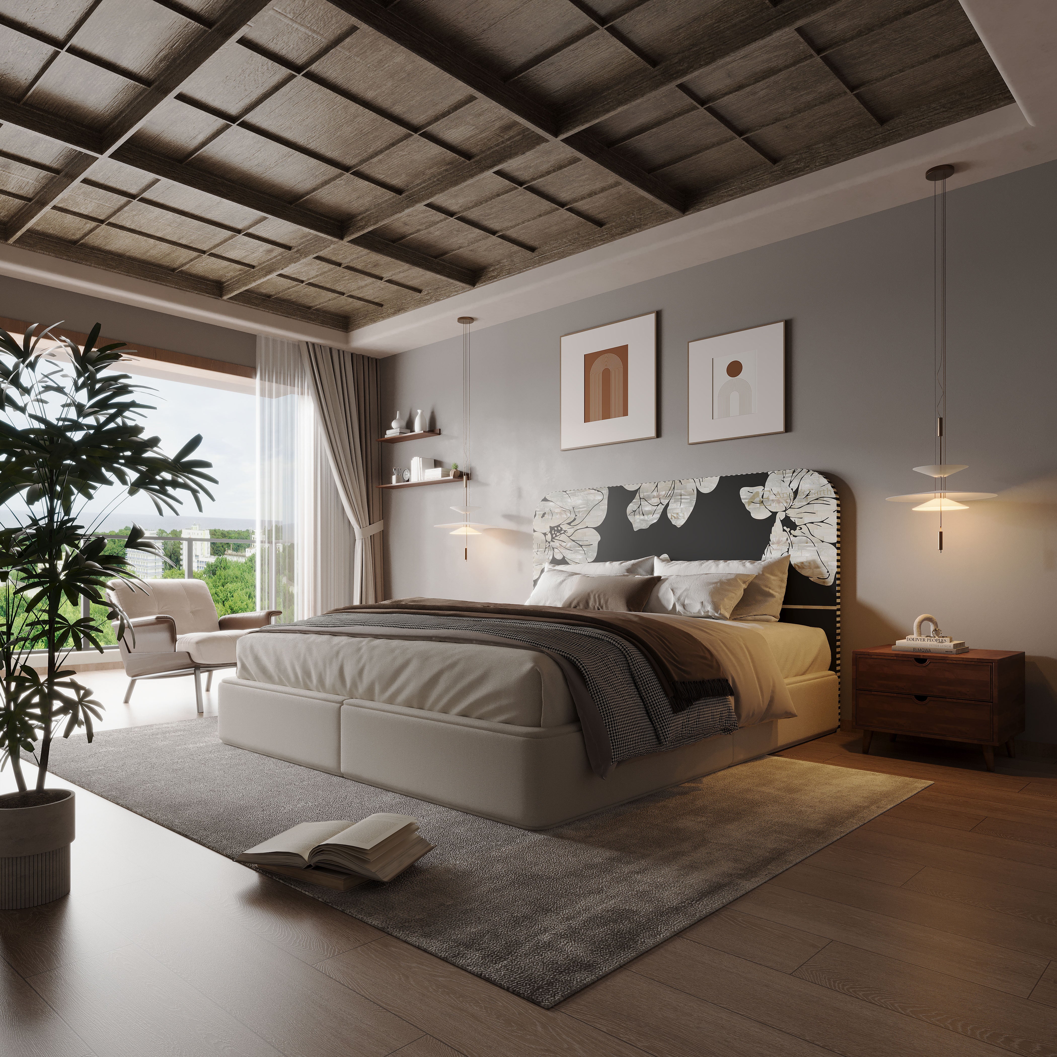 Modern bedroom with a large bed, bone inlay floral headboard, and a plant.