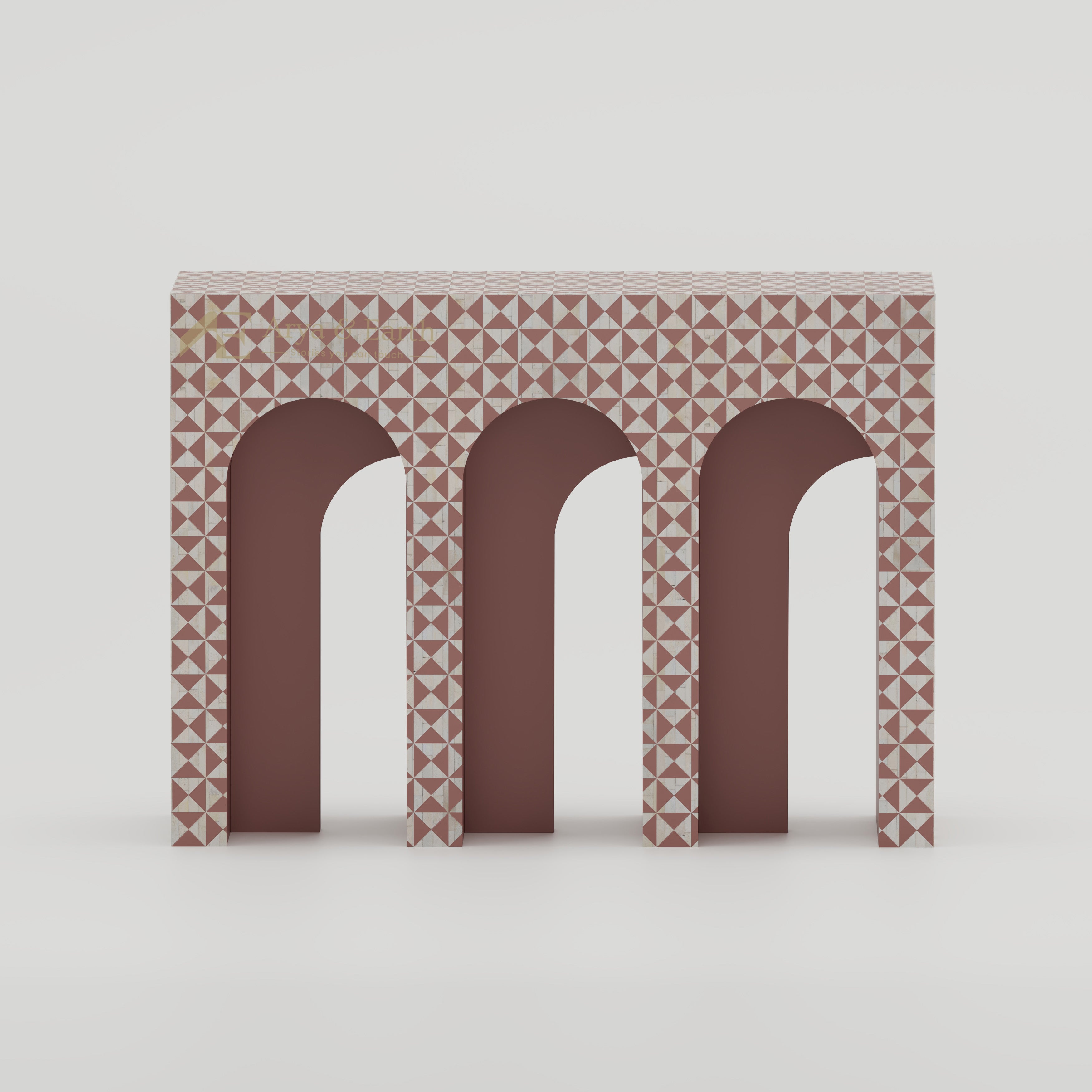 Bone Inlay arched console table with terracotta and white  art deco style geometric pattern