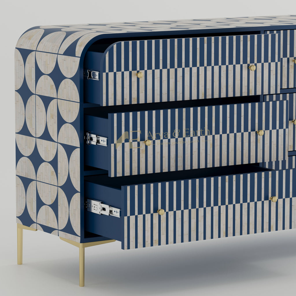 open drawers on a geometric design dresser