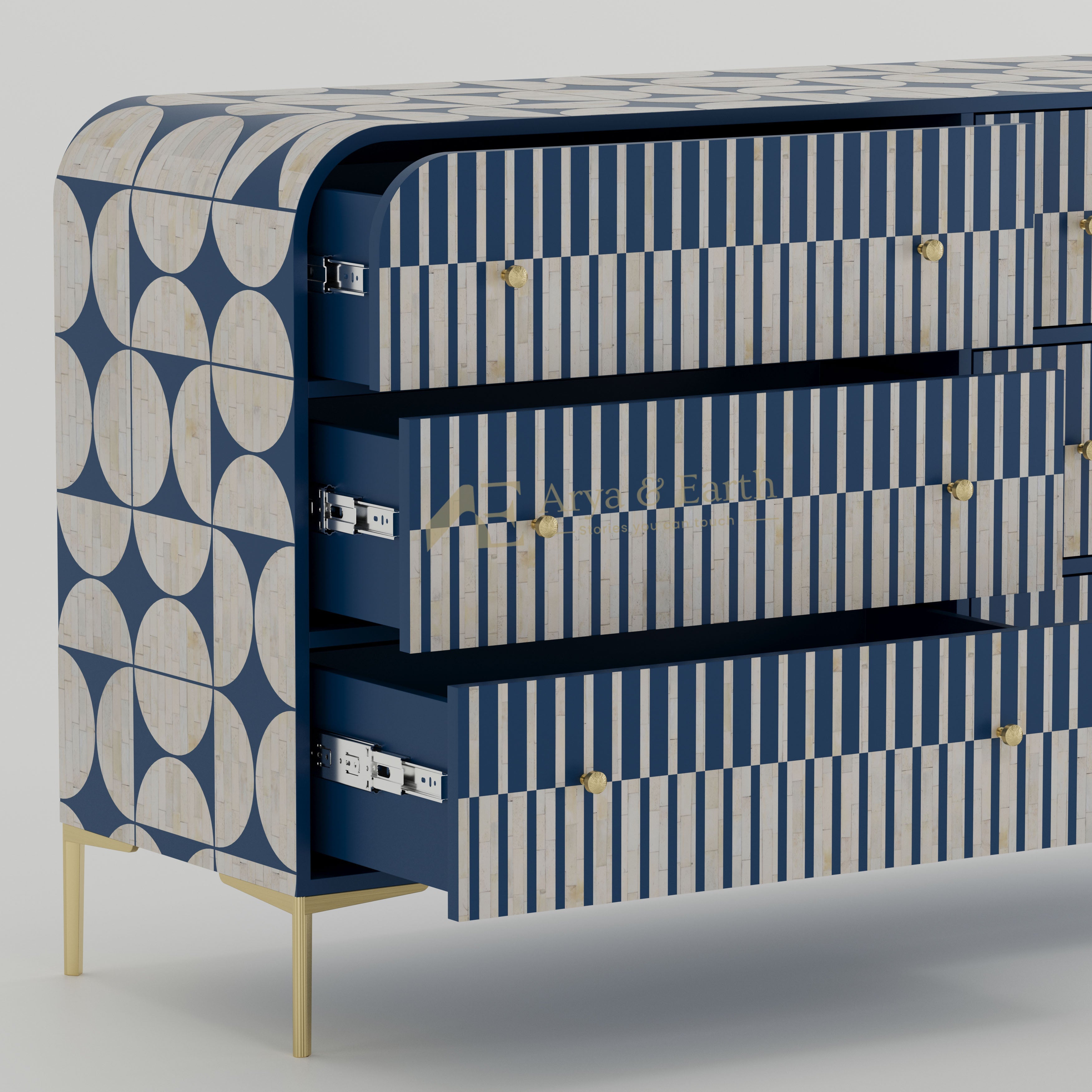 open drawers on a geometric design dresser