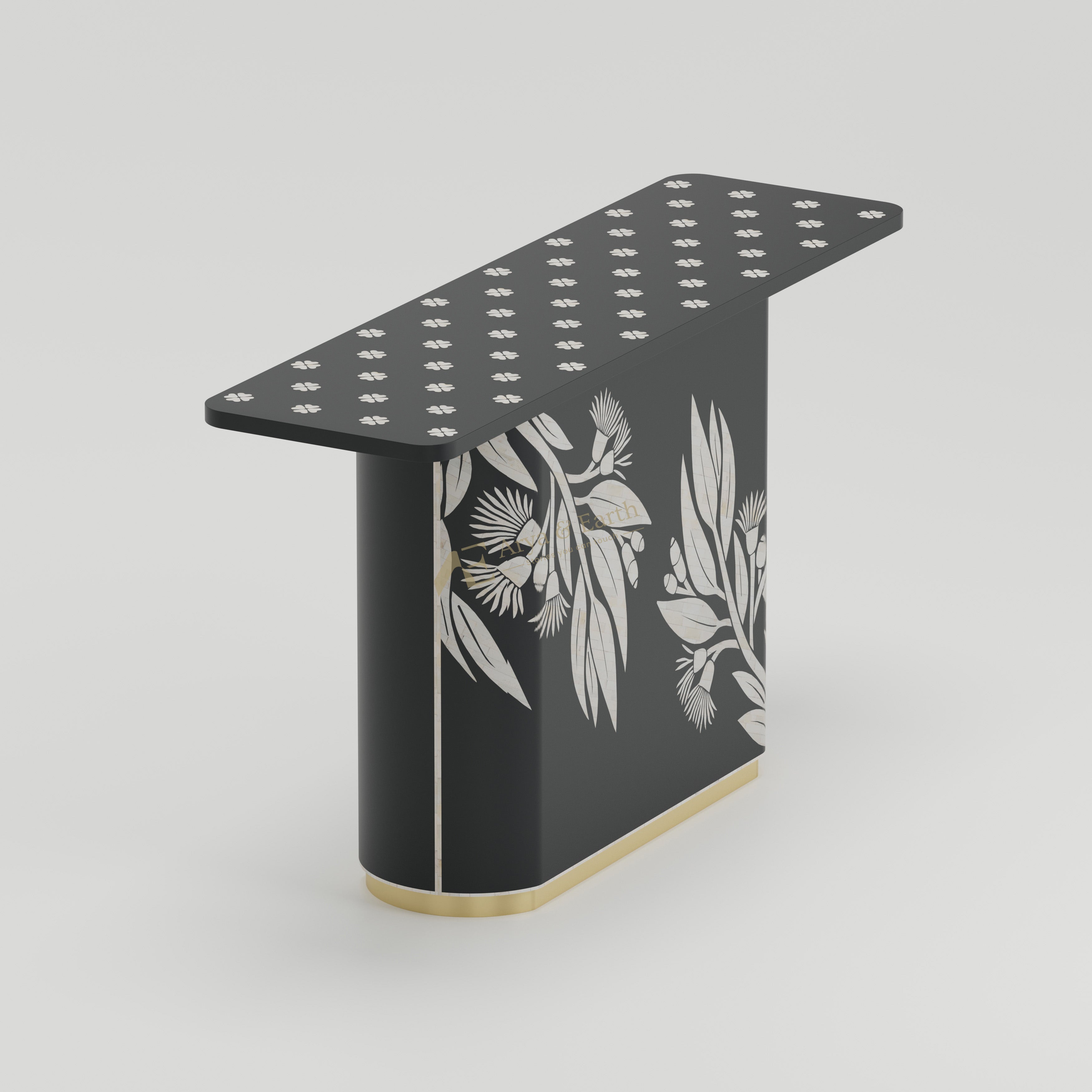 Bone Inlay Black side table with white floral patterns.