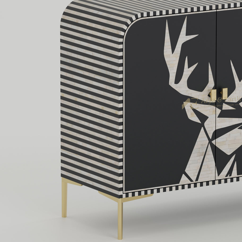 Closeup of Bone inlay texture on a black and white cabinet with stripe design