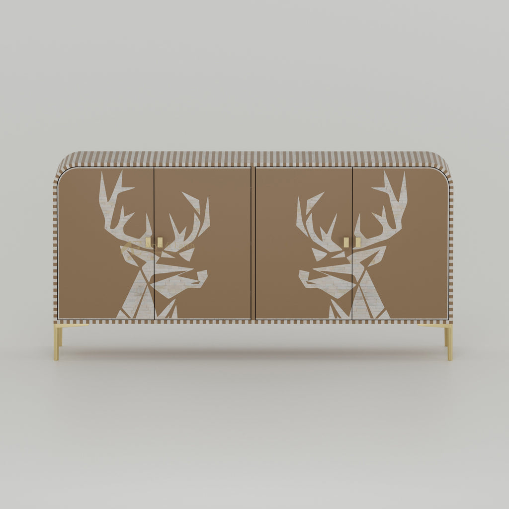 Bone inlay buffet Cabinet with deer head design on a beige background