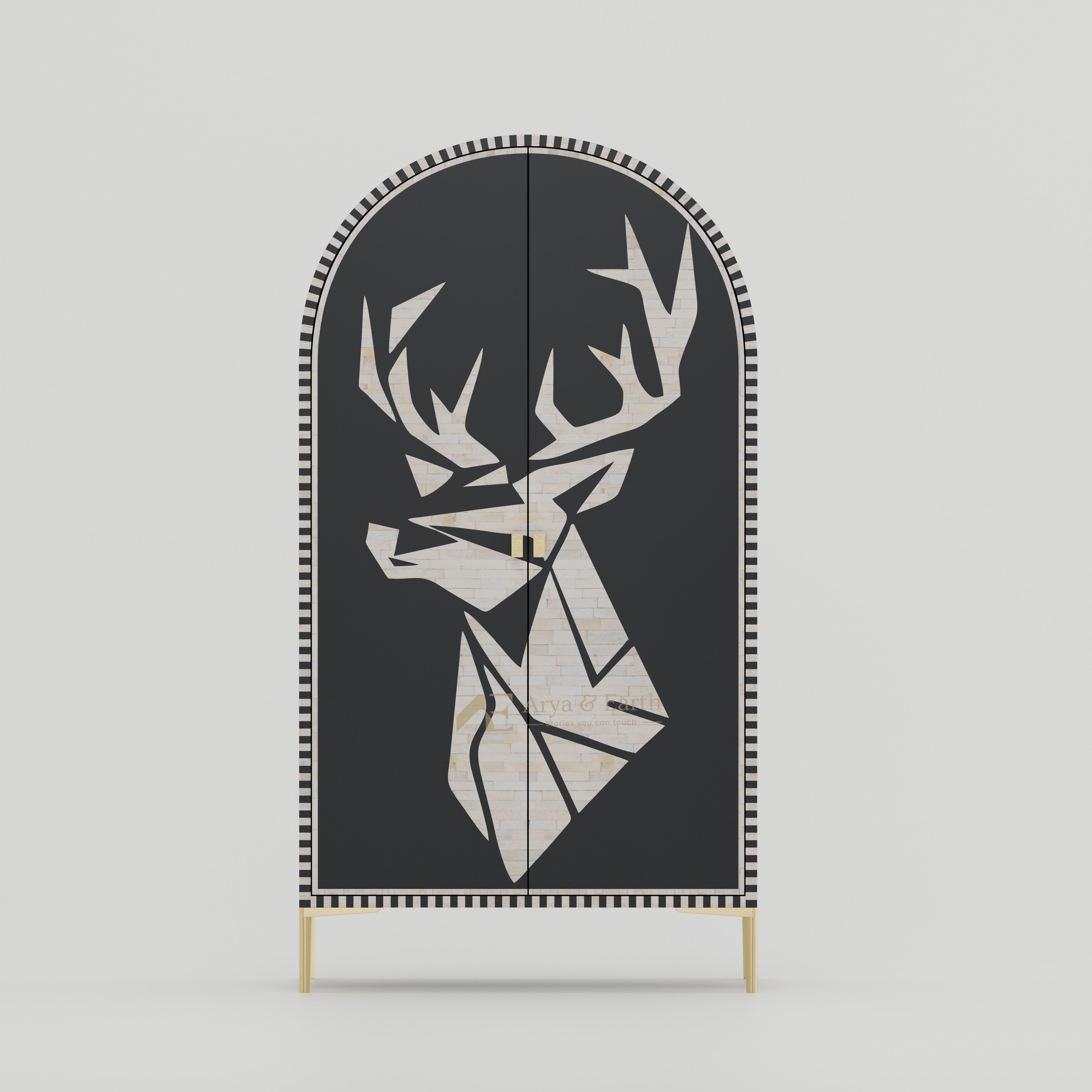 Bone inlay black Cabinet with deer head design
