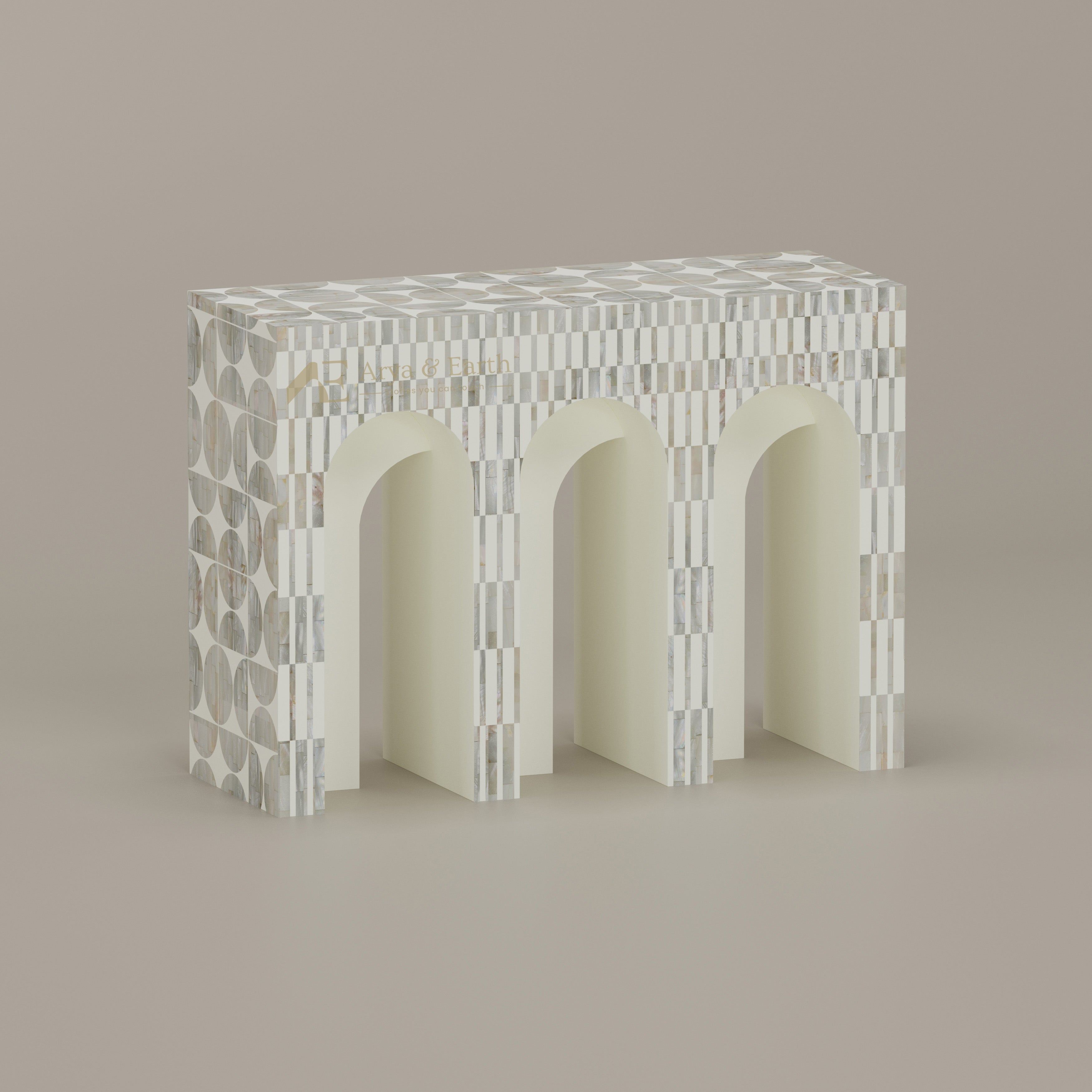 mother of pearl white console table with geometric pattern